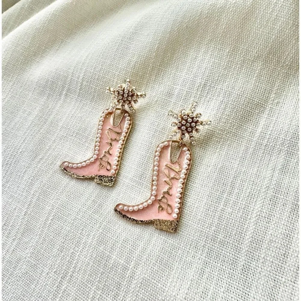 Bridal cowgirl boots with pearl dangle earrings pink - bride earrings